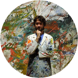 Zach JF Boyles in front of a Joan Mitchell